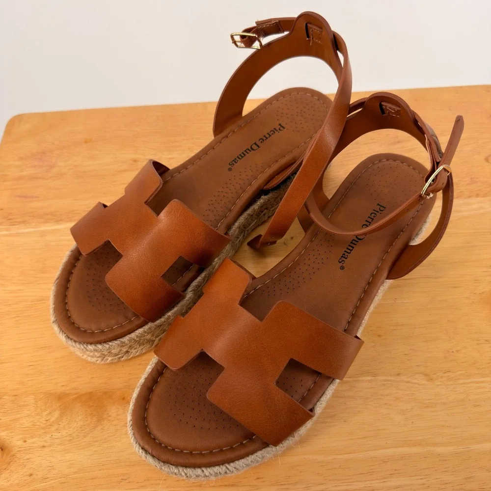 Pierre Dumas Magic-30 Sandals Womens 9 Tan Espadrille Platform H-Strap Boho Chic